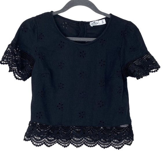 Hollister Black Lace Eyelet Boho Short Sleeve Top Size Small - Picture 6 of 8